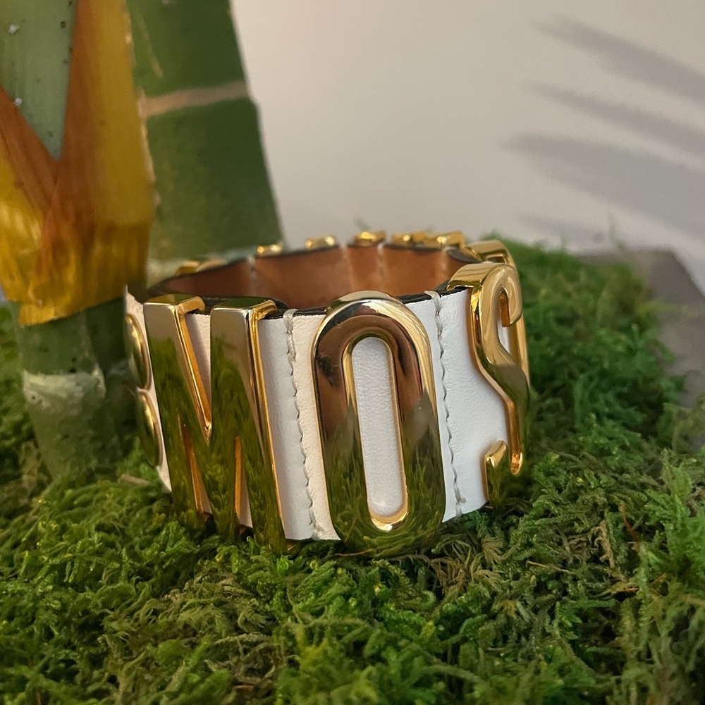 Moschino Logo Plaque White Leather Cuff Bracelet - Picture 10 of 10